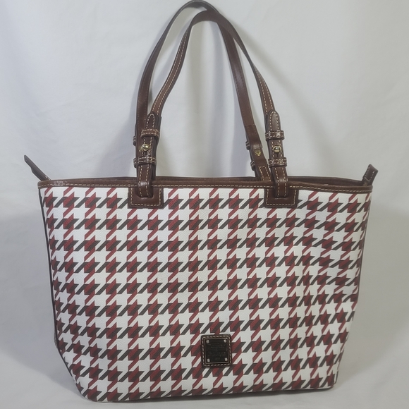 Dooney & Bourke Handbags - Dooney & Bourke Houndstooth Tote Bag - Red and Brown